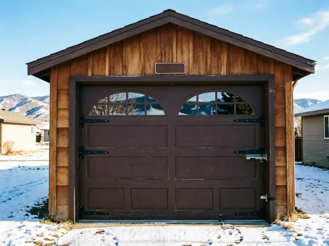 A brown garage door with arched windows is on a wooden shed in the snow.