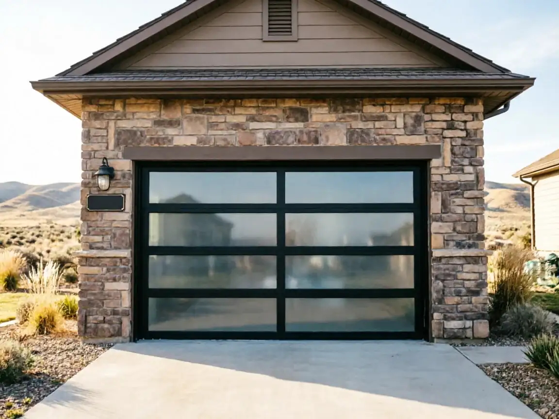 The house has a modern glass garage door with a stone facade.