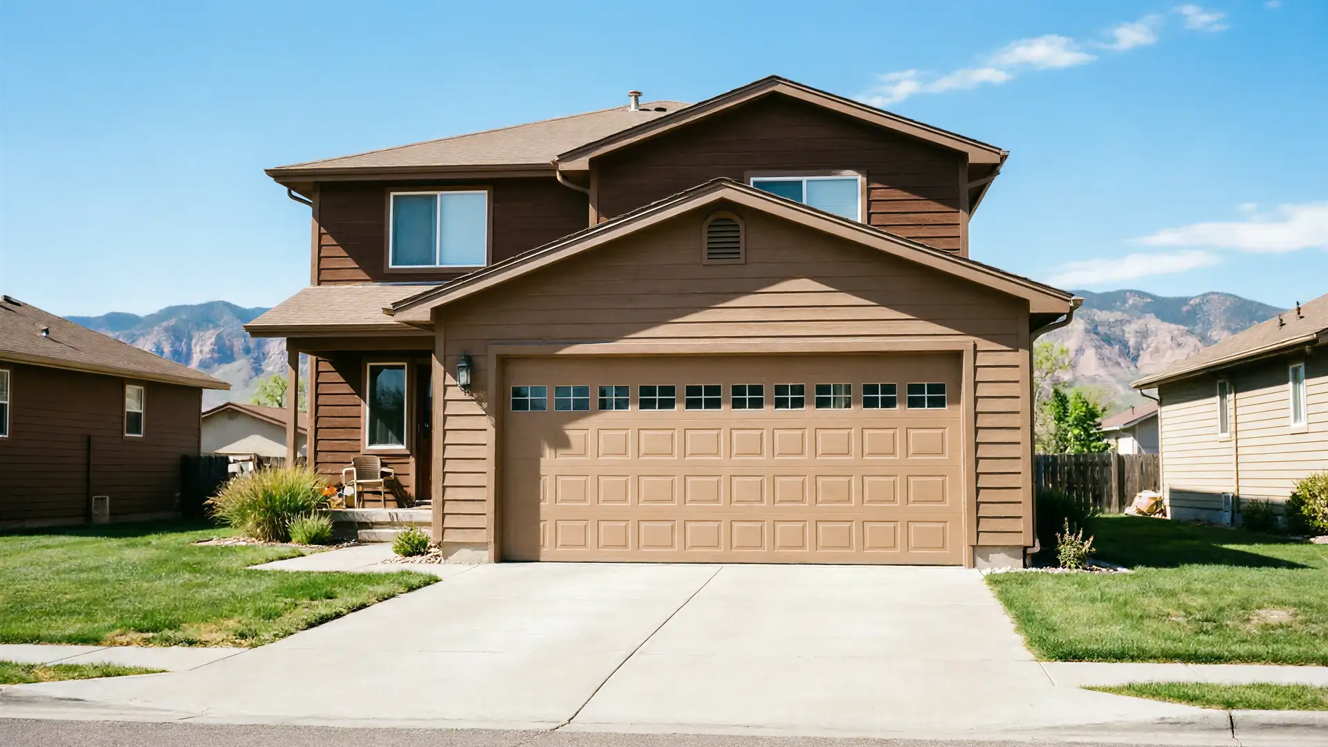 A brown house with a tan garage door and a concrete driveway.