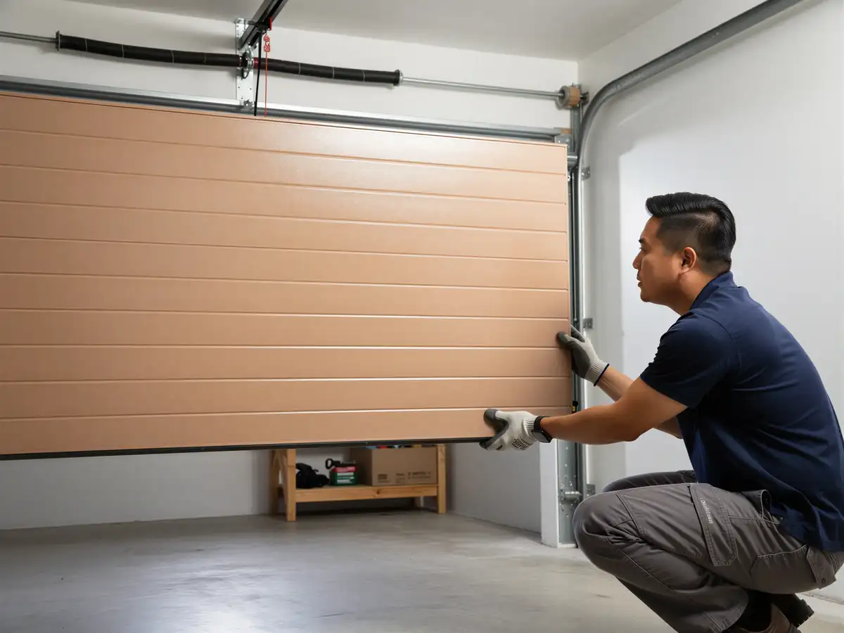 A technician in gloves installs a light brown garage door.