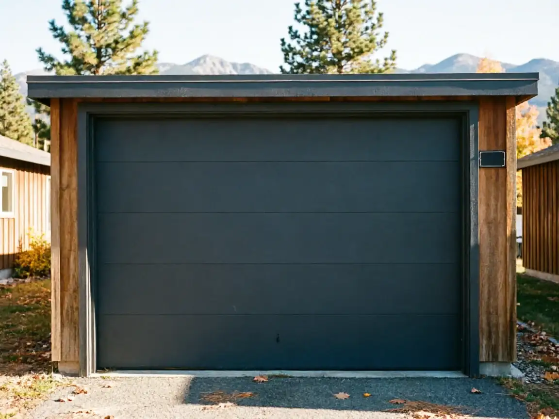 A dark gray garage door is set into a wooden frame with a flat roof.